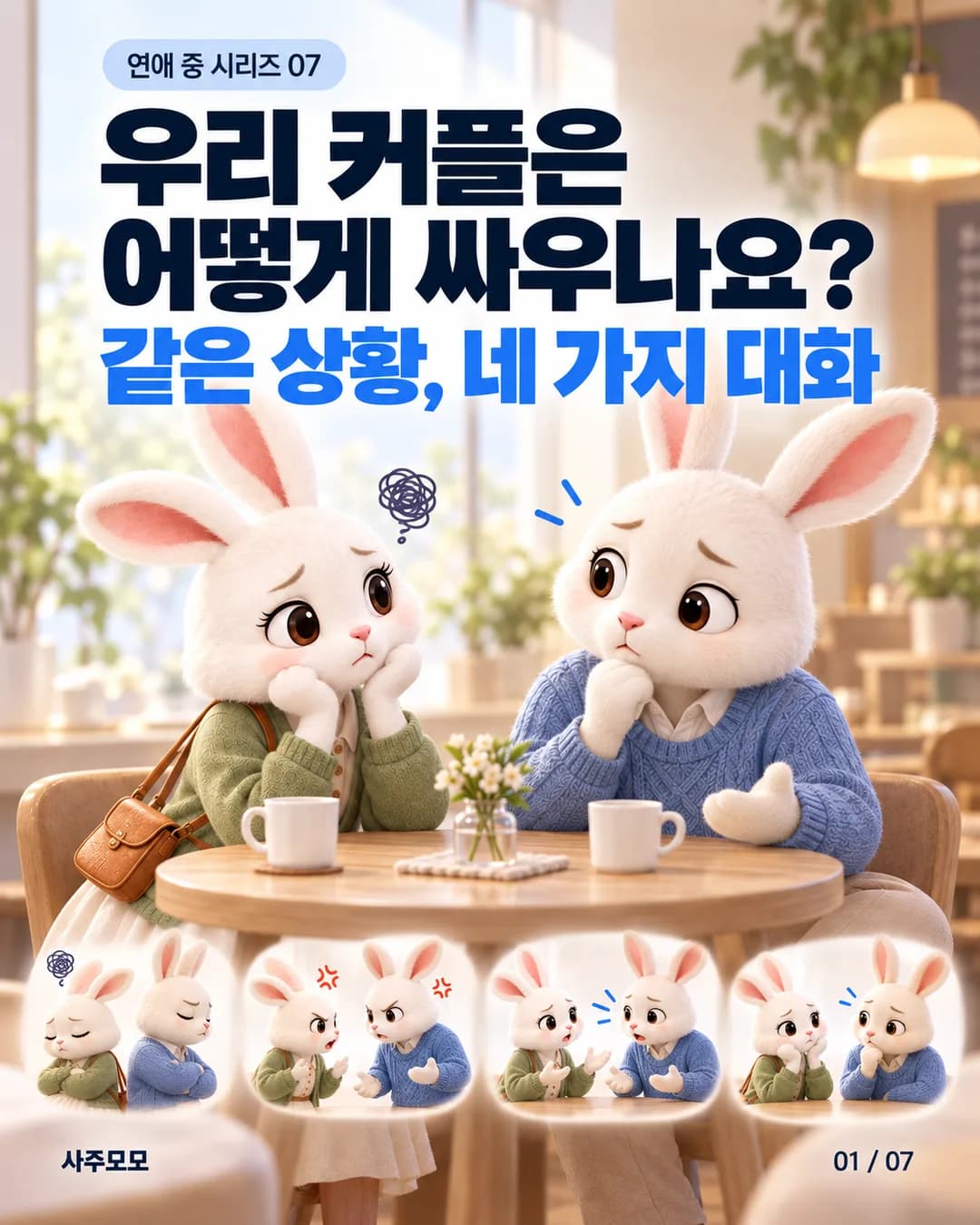 초록 카디건을 입은 여자 토끼와 파란 스웨터를 입은 남자 토끼가 카페 테이블을 사이에 두고 앉아 있다. 표지: 우리 커플은 어떻게 싸우나요? 같은 상황, 네 가지 대화.