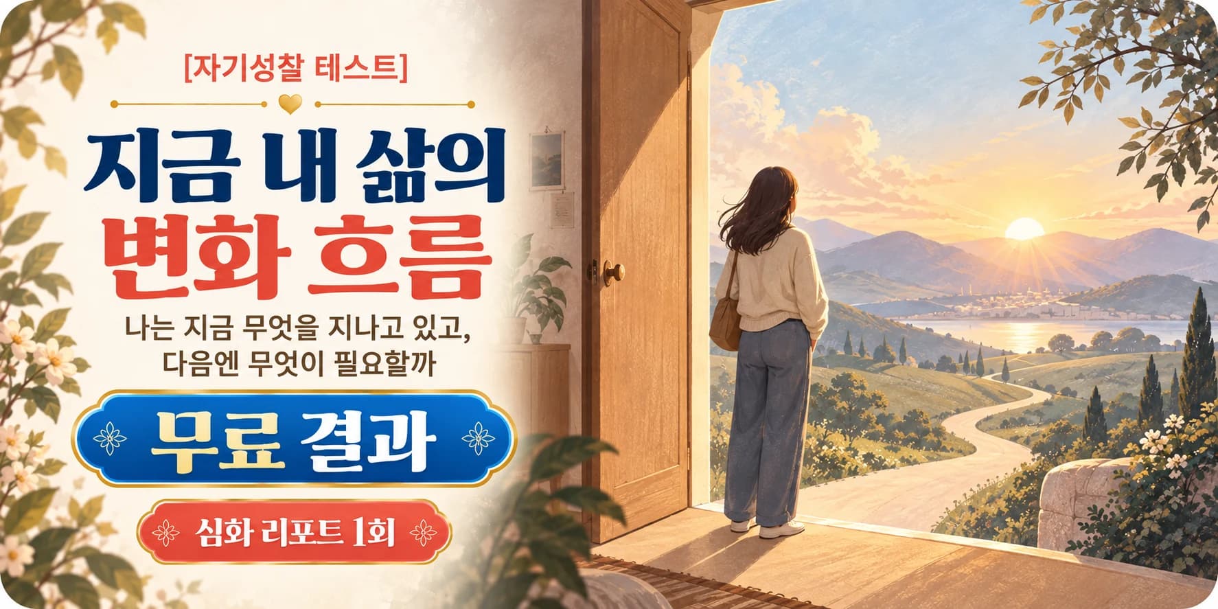 익숙한 방에서 새로운 길로 나서는 사람을 그린 인생 전환점 일러스트