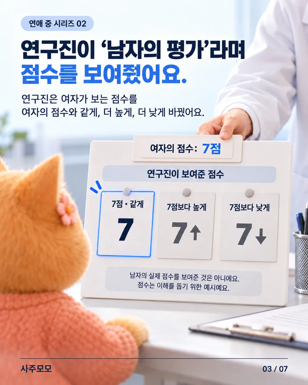 흰 가운을 입은 연구진이 여자에게 남자의 평가라고 보여주는 점수표를 제시한다. 여자의 점수 7점에 대해 같게, 더 높게, 더 낮게 보여주는 세 조건을 설명한다. 남자의 실제 평가를 보여준 것은 아니라고 명시한다.