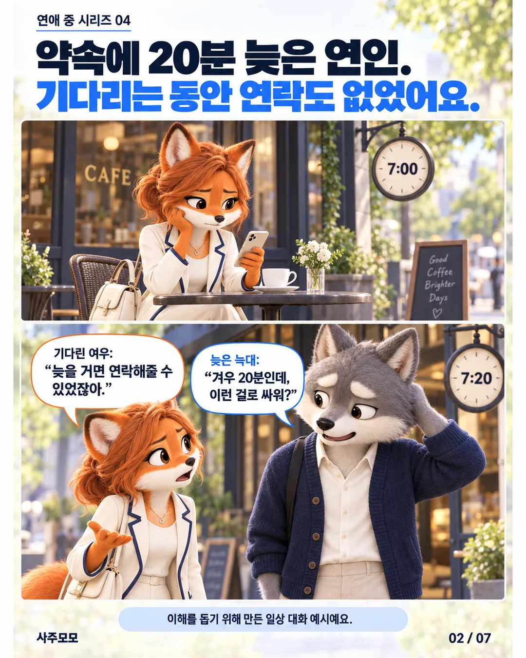 2/7 두 컷 만화. 7시에 여우가 혼자 기다리고, 7시 20분에 늑대가 연락 없이 도착한다. 여우는 늦으면 연락해달라고 말하고 늑대는 겨우 20분인데 이런 일로 싸우냐고 답한다. 창작한 일상 예시다.