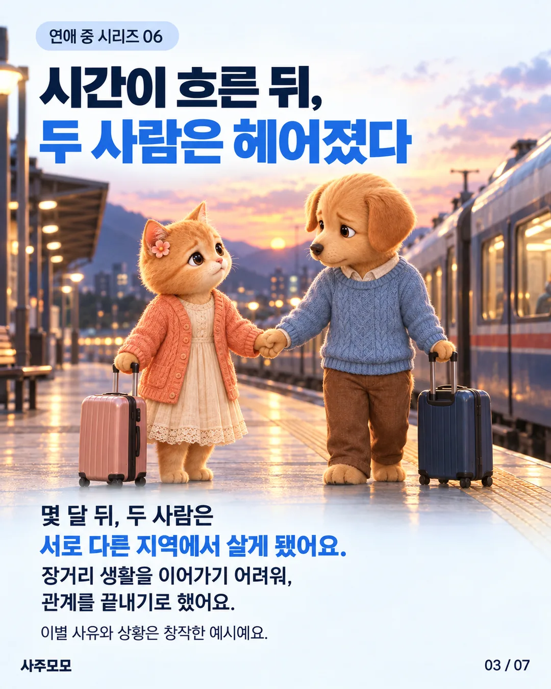 몇 달 뒤 서로 다른 지역에서 살게 된 여자와 남자가 기차역에서 조용히 작별한다. 장거리 생활을 이어가기 어려워 관계를 끝내기로 했다는 창작 상황.