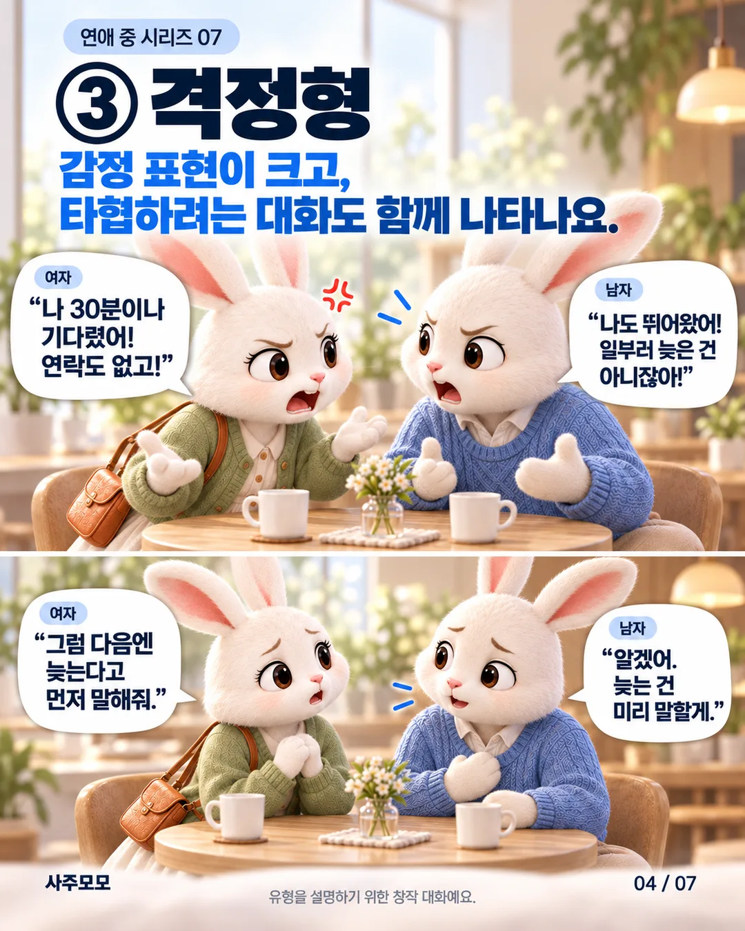 격정형 예시. 여자와 남자는 큰 감정 표현으로 다투다가 늦을 때 미리 말해 달라는 요청과 답을 나눈다. 감정 표현과 타협이 함께 나타나는 모습을 보여주는 창작 대화.