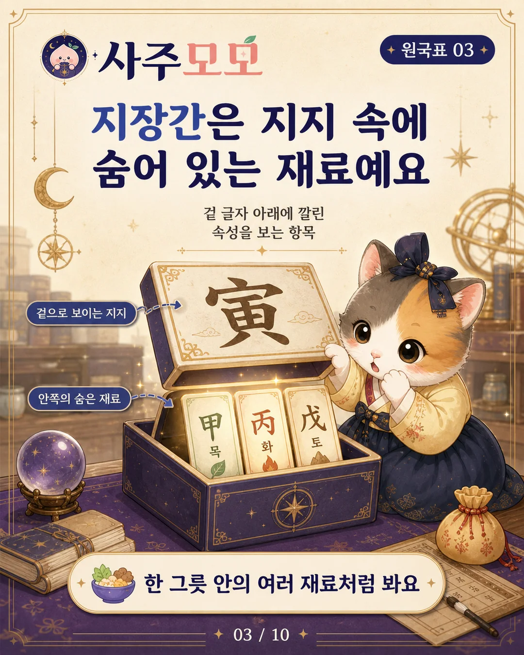 지장간은 지지 속 숨은 재료라는 설명 카드뉴스 3장